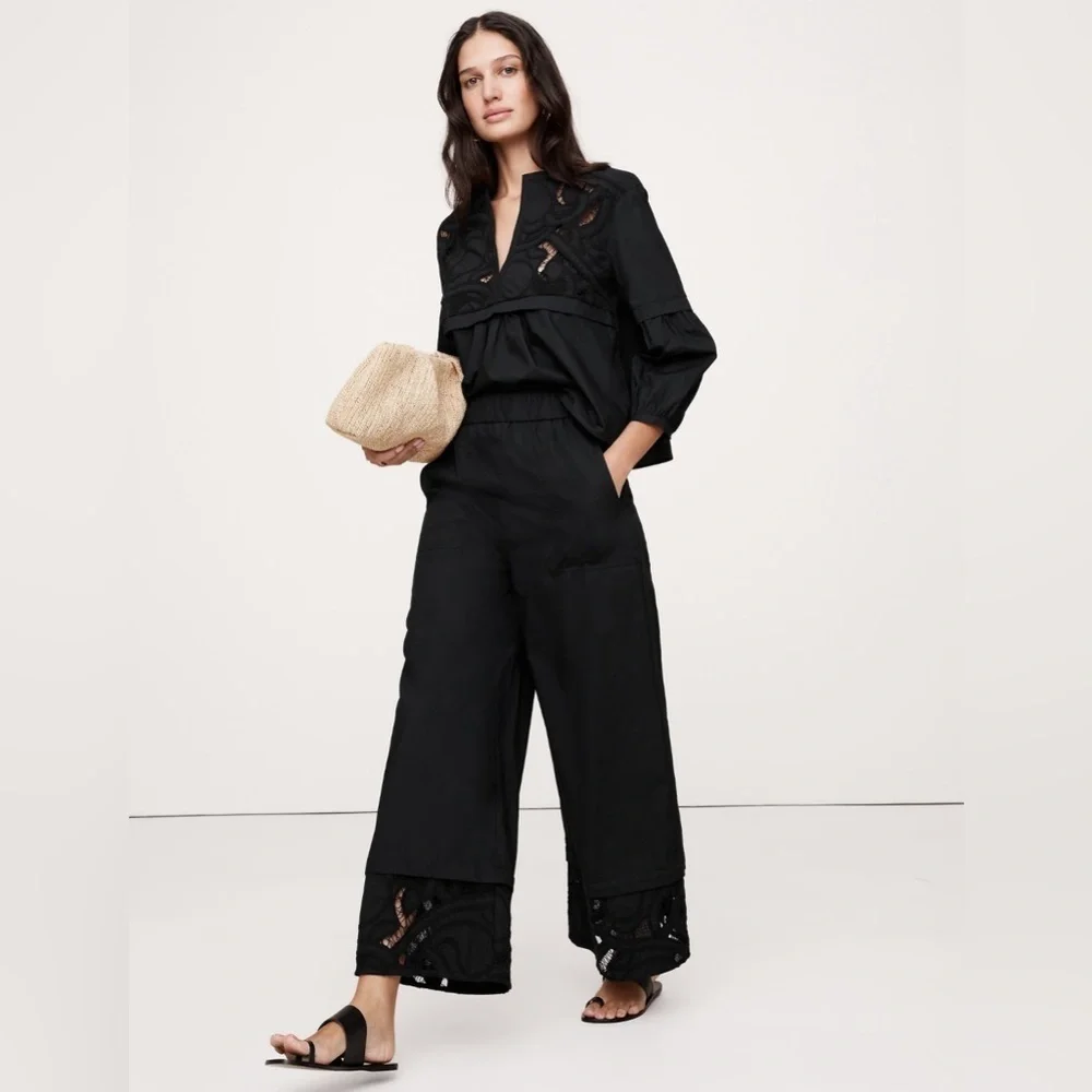 NEW BR High-Rise Wide-Leg Embroidered Poplin Cropped Pull-On Pant 🖥️1️⃣0️⃣